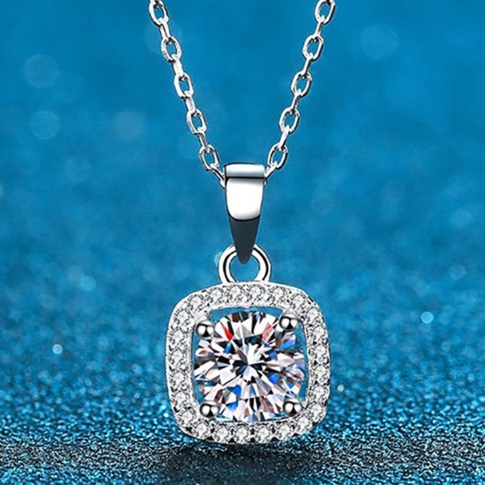 Certified 5ct. t.w. Moissanite Diamond Square Halo Necklace NEW - Picture 3 of 12